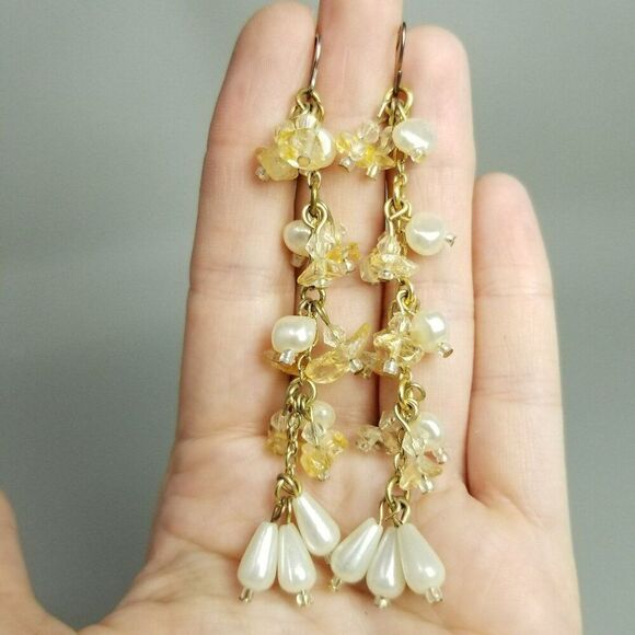Vintage Long Beaded Dangle Earrings, Faux Pearl Citrine Chips, 3 Inches, Estate - Picture 5 of 6
